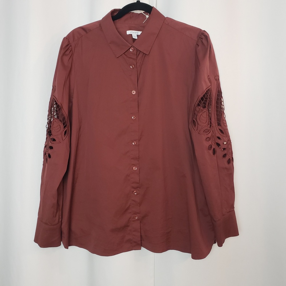Chicos Rust Brown Eyelet Cutout Sleeve Button Down Shirt Top Size 3 US 16
